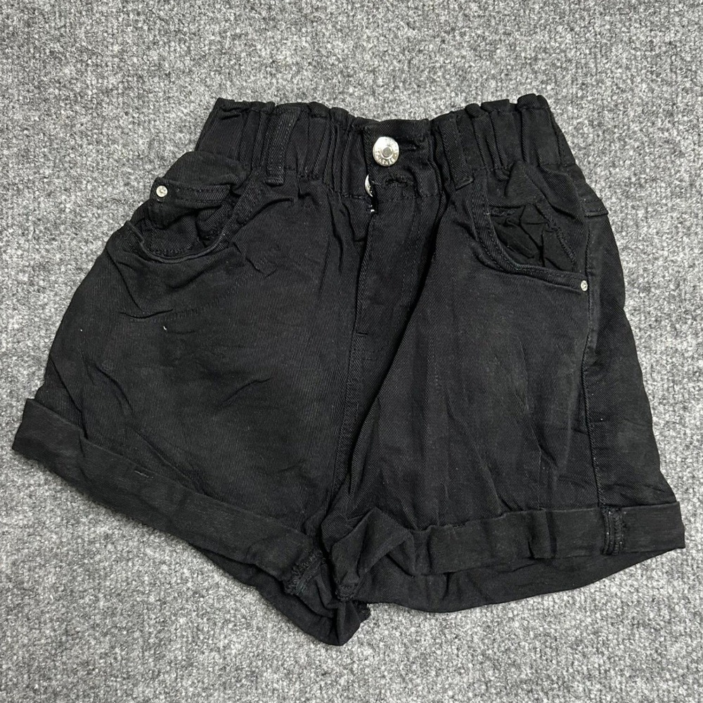 Bershka Shorts Womens Size 00 Black Denim Paperbag Elastic Waist Cuffed Casual
